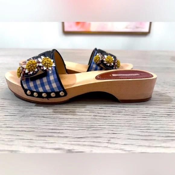 Fabrizio Viti Blue Gingham Wooden Sandal Size 7 - Picture 1 of 11